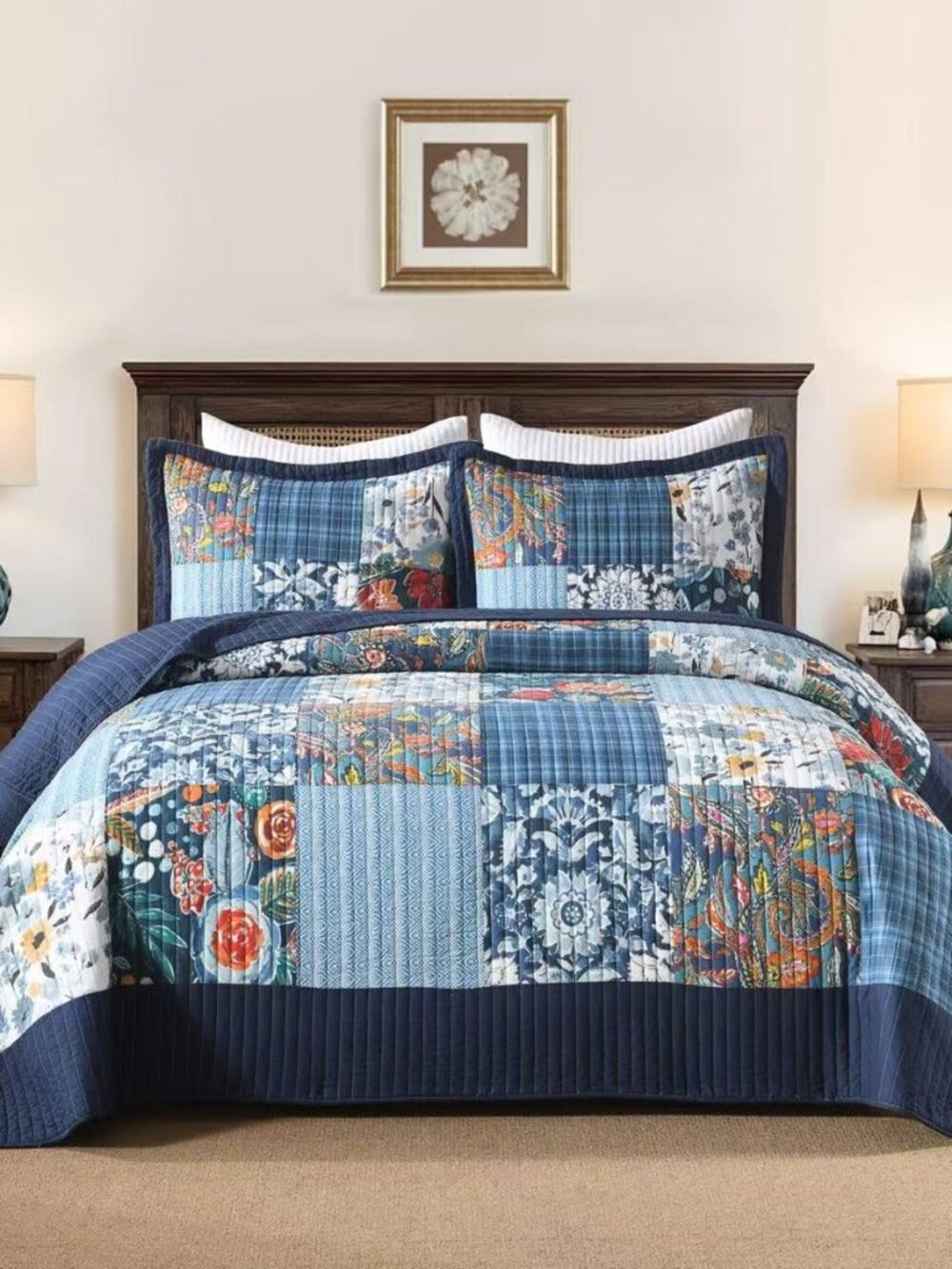 Cotton Bedspread Luxury Vintage Floral Patchwork Blue Bedding Quilt Set, Queen